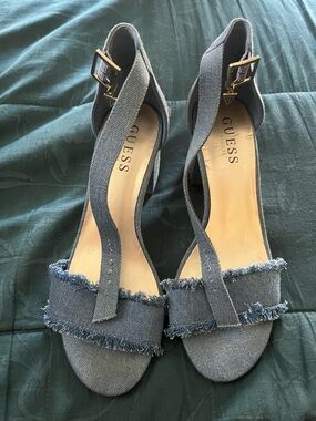 GUESS Denim Frayed Strap Heeled Sandals - Blue